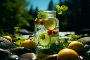 ai generiert erfrischend Sommer- Palette Natur trinken, Essen, Wasser, Grün, und Eis foto