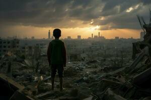 ai generiert verheerend Wirklichkeit Kind steht inmitten Ruinen im ein Krieg zerrissen Landschaft foto