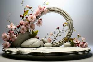 ai generiert elegant 3d Podium auf Weiss, geschmückt mit Steine und beschwingt Blumen foto