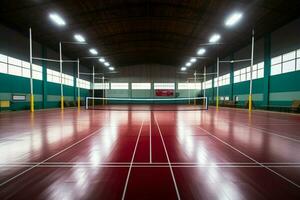 ai generiert sportlich Rahmen Innen- Badminton Gericht zum Sport und Freizeit verwenden foto