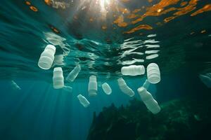 ai generiert Marine Kontamination Plastik Flaschen störend gefunden schwebend unter Wasser foto