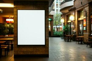 ai generiert Werbung Plattform leer Weiß Tafel beim ein Einkaufen Center foto