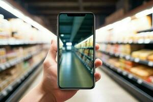 ai generiert Clever Einkaufen Konzept Handy, Mobiltelefon Telefon beim Supermarkt Regale, leer Bildschirm foto