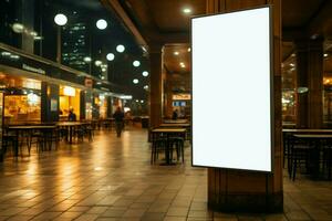 ai generiert Werbung Plattform leer Weiß Tafel beim ein Einkaufen Center foto