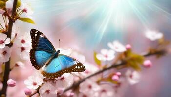 ai generiert schließen oben von ein Blau Schmetterling thront auf ein Rosa Kirsche Blüte, beleuchtet durch Sanft Sonnenlicht, Anzeigen das Schönheit von Frühling foto