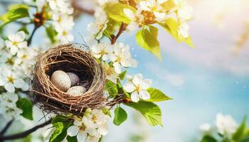 ai generiert ein Vögel Nest mit ein gesprenkelt Ei, eingebettet unter Blühen Weiß Blumen unter das Sanft Sonnenlicht im Frühling foto