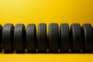 ai generiert Reifen ausrichten Reihe von Reifen vorgestellt auf ein beschwingt Gelb Hintergrund foto