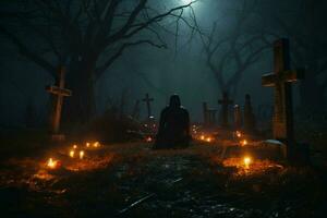 ai generiert jenseitig Hingabe beten im ein gespenstisch Wälder Spuk Friedhof Szene foto
