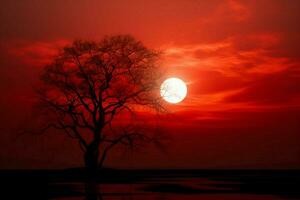 ai generiert friedlich Dämmerung runden Sonne auf rot Himmel mit Silhouette Baum foto
