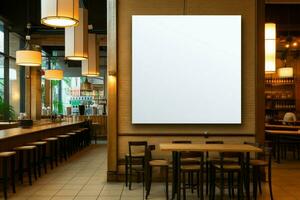 ai generiert konzeptionelle leer Weiß Tafel beim ein Essen Geschäft, Beförderung Raum foto
