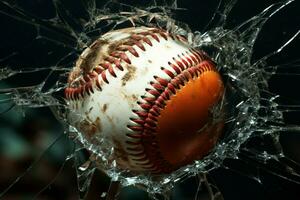 ai generiert visuell Einschlag Baseball dringt ein gebrochen Glas zum vielseitig Design verwenden foto