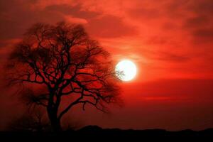 ai generiert friedlich Dämmerung runden Sonne auf rot Himmel mit Silhouette Baum foto