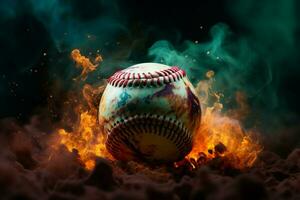 ai generiert Baseball Schauspiel bunt Ball Pops gegen ein mysteriös, rauchig Hintergrund foto