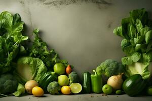 ai generiert Gemüse Eleganz frisch Grüns gerahmt auf grau Beton, Kopieren Raum foto