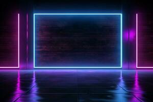 ai generiert modern Ambiente Blau und lila Neon- Beleuchtung mit reflektierend Beton Tiefe foto