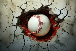 ai generiert dynamisch Baseball Bilder Ball Piercing durch Mauer mit dramatisch Risse foto