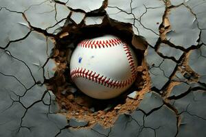 ai generiert dynamisch Baseball Bilder Ball Piercing durch Mauer mit dramatisch Risse foto