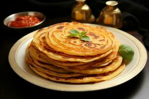 ai generiert Teller geschmückt mit Paratha, Kanai, oder Roti Maryam Frühstück Gericht foto