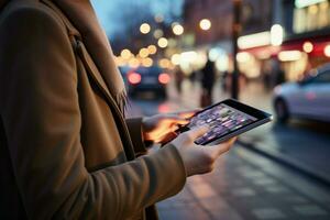 ai generiert Hände halt Tablette auf ein beschäftigt Straße, Überprüfung App im schließen oben foto