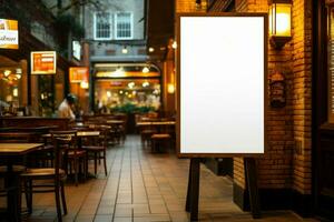 ai generiert Werbung Segeltuch Weiß Tafel im Vorderseite von ein Essen Geschäft foto