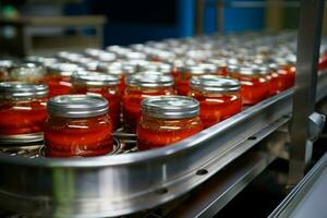 ai generiert Dosen- Fisch Fabrik Sardinen im Tomate Soße, Produktion Linie Szene foto