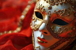 ai generiert festlich venezianisch Karneval Maske mit Gold Dekorationen auf rot Hintergrund. foto