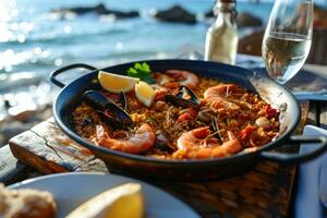 ai generiert traditionell Meeresfrüchte Paella im das schwenken auf ein Tabelle durch das Meer. foto