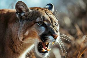 ai generiert brüllend Puma oder Berg Löwe jagt es ist Beute foto