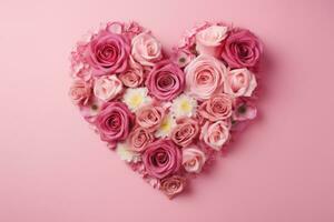 ai generiert Herz gestalten gemacht von Rose Blumen auf ein Rosa Hintergrund foto
