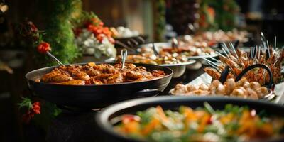 ai generiert Gastronomie Buffet Essen auf ein lange Tabelle im ein Hotel Restaurant foto