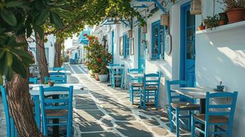 ai generiert griechisch Kultur mit traditionell Weiß und Blau griechisch die Architektur, Taverne foto