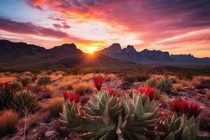 ai generiert wild Westen Texas Wüste Landschaft mit Sonnenuntergang mit Berge und Kakteen. foto