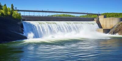 ai generiert Wasserkraft Damm Erstellen Grün Energie von fließend Wasser. ai generiert. foto