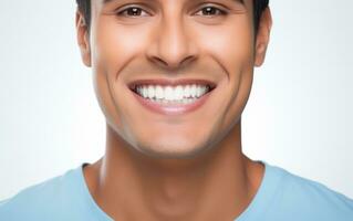 ai generiert abgeschnitten Hälfte Gesicht Porträt von attraktiv männlich mit gesund Weiß Zähne foto