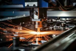 ai generiert cnc Laser- Schneiden von Metall, modern industriell Technologie foto