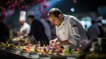 ai generiert ein geschäftig Gastronomie Fall, mit Köche vorbereiten exquisit Geschirr im ein öffnen Küche. Gastronomie Buffet Essen Innen- im Restaurant foto