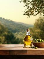 ai generiert alt hölzern Produkt Anzeige Tabelle mit natürlich Grün Olive Feld und Olive Öl foto