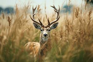 ai generiert Hirsch Kopf im hoch Gras foto