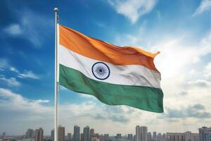 ai generiert indisch Flagge winken auf Blau Himmel Hintergrund im Stadt foto