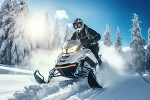 ai generiert Spaß Reiten auf ein Schneemobil im tief Schnee. draussen Sport Aktivität während Winter Ferien foto