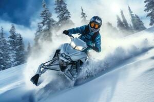 ai generiert Fahrt Schneemobil mit Spaß im tief Schnee, Konzept Winter Sport foto