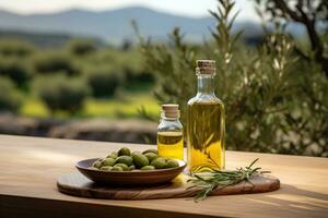 ai generiert alt hölzern Produkt Anzeige Tabelle mit natürlich Grün Olive Feld und Olive Öl foto