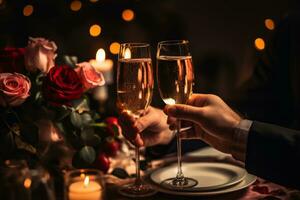 ai generiert zwei Menschen Klirren Champagner Brille beim ein Kerzenlicht Tabelle mit Rose Blütenblätter foto