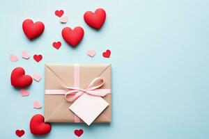 ai generiert Valentinstag Tag thematisch eben legen mit ein Geschenk, Herzen, und ein Liebe Brief auf ein Pastell- Hintergrund foto