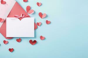 ai generiert Valentinstag Tag thematisch eben legen mit ein Geschenk, Herzen, und ein Liebe Brief auf ein Pastell- Hintergrund foto