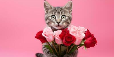 ai generiert Katze halten ein Strauß von Rosa Rosen foto