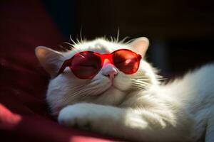 ai generiert Katze tragen Herz geformt Sonnenbrille Lügen auf ein Kissen foto