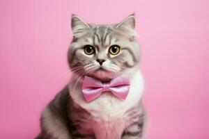 ai generiert Katze mit Rosa Bogen Krawatte auf Rosa Hintergrund foto
