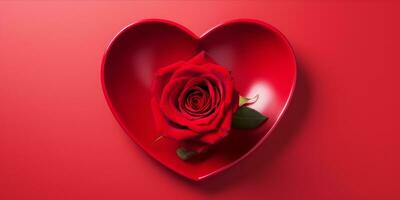 ai generiert Herz geformt Teller und Rose auf rot Hintergrund foto