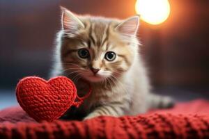 ai generiert Katze halten ein gestrickt Herz foto
